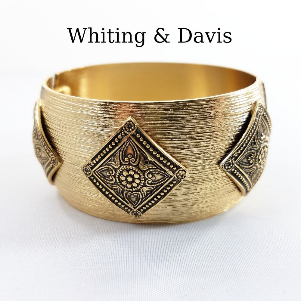 Whiting & Davis Hinged Bracelet, Golden Brass Wide Cuff, Triangle Designs